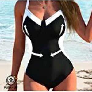 🆕Women's Color Block Cross Back Black and White Swimsuit. Size L. NWT.